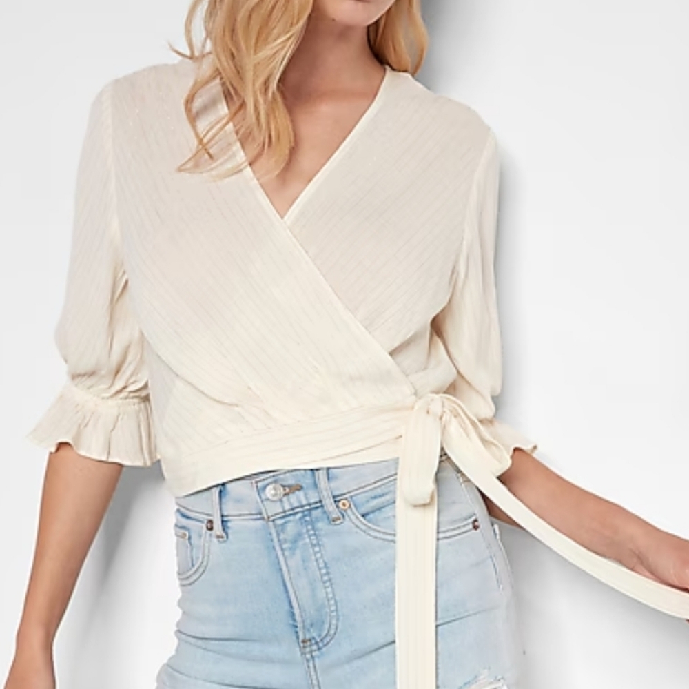 Express Ivory Wrap Blouse with Tie Waist
